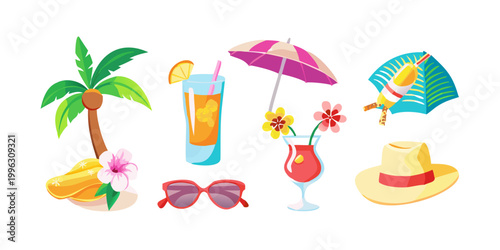Colorful tropical summer vacation and travel beach elements, vector