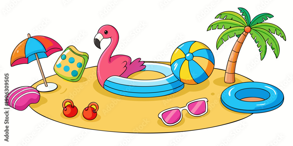 Fototapeta premium Tropical summer beach vacation accessories and toys, vector