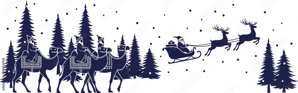 Obraz premium Santa claus rides through snowy forest with reindeer pulling sleigh at night