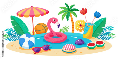 Colorful summer beach accessories and pool party elements, vector