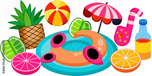 Colorful summer vacation icons and pool party elements, vector