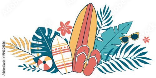 Tropical beach vacation elements with surfboards and leaves, vector