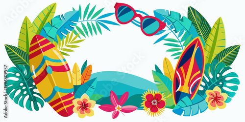 Tropical summer surfboards with exotic leaves and sunglasses, vector