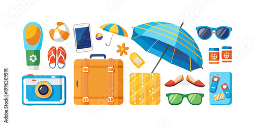 Collection of summer vacation and travel beach accessories, vector
