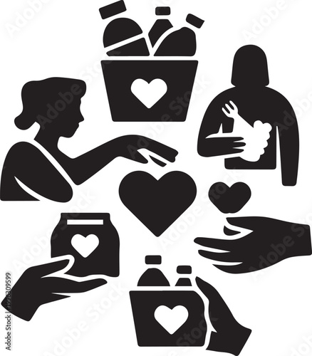 A black and white illustration of people sharing food and showing kindness