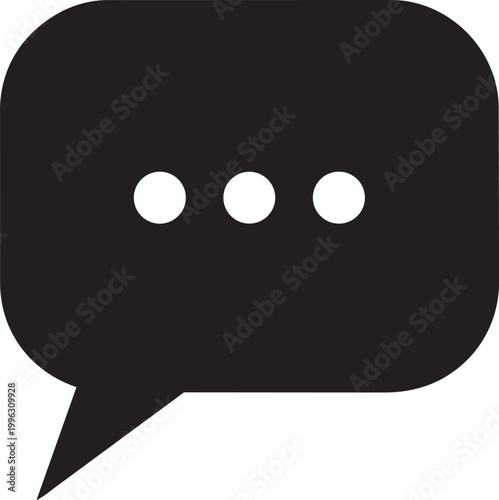 Black speech bubble icon with ellipsis representing conversation or typing isolated on white background for communication concepts