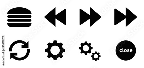 8 Multimedia icons burger menu, rewind, fast forward, gear, refresh, outline solid styles, UI and web interface design