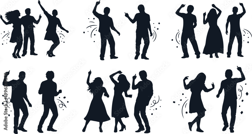 Fototapeta premium Silhouettes of people dancing and celebrating at party with confetti.