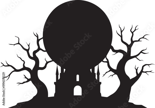 A spooky black silhouette of a castle with bare trees and a large moon