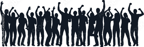 Crowd of diverse people celebrating with raised hands vector silhouette.