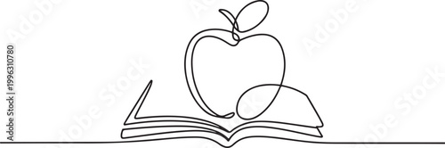 continuous line drawing book and apple. one line art icon drawing vector