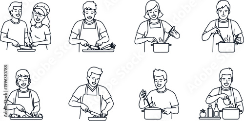 People line art cooking in kitchen for healthy food preparation vector.