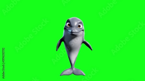 A friendly, stylized 3D animated dolphin shown from the front with a cheerful expression. The backdrop is a solid, flat chroma key green, making it simple to composite the character into underwater sc