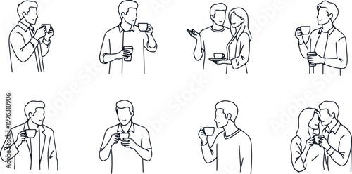 People line art drinking coffee and tea for relaxation vector.