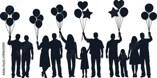 Families holding balloons celebrating happy occasion vector art.