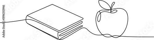 continuous line drawing book and apple. one line art icon drawing vector
