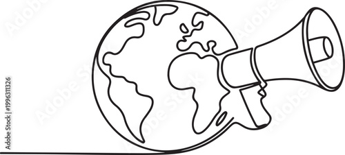 continuous line drawing globe and megaphone. one line art icon drawing vector