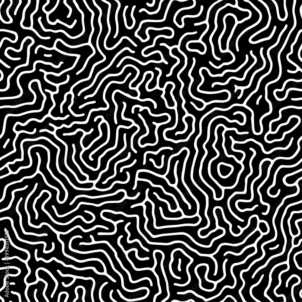 Fototapeta premium Abstract reaction-diffusion pattern creating organic lines texture. Seamless black and white pattern featuring winding white lines on a dark background