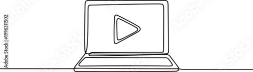 continuous line drawing laptop with play video button icon. one line art icon drawing vector