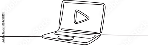 continuous line drawing laptop with play video button icon. one line art icon drawing vector