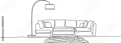 Continuous Line Drawing Living Room Furniture. Interior With Sofa, Floor Lamp, Carpet. one line art icon drawing vector