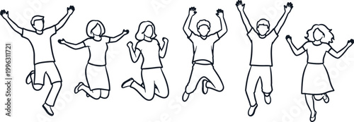 Joyful people jumping in air, outline drawing of happy individuals celebrating success.