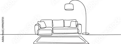 Continuous Line Drawing Living Room Furniture. Interior With Sofa, Floor Lamp, Carpet. one line art icon drawing vector