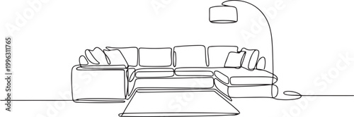 Continuous Line Drawing Living Room Furniture. Interior With Sofa, Floor Lamp, Carpet. one line art icon drawing vector