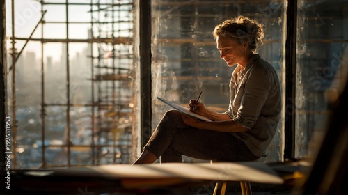 Woman artist sketching by a window with city view