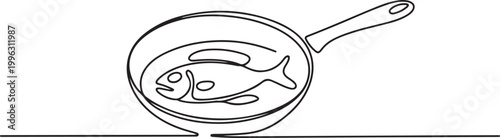 continuous line drawing fried fish on frying pan. one line art icon drawing vector