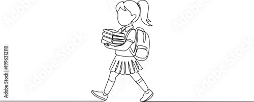 Drawing of student schoolgirl holding books and copybooks going to school wearing bag. one line art icon drawing vector