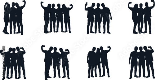 Group of friends taking selfie together in Silhouette on transparent background vector.