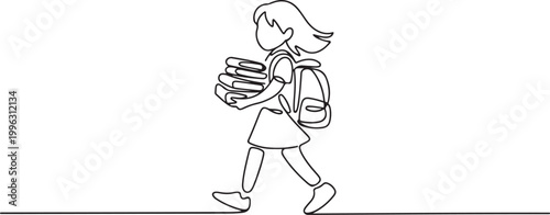 Drawing of student schoolgirl holding books and copybooks going to school wearing bag. one line art icon drawing vector