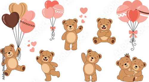 Seven cute brown teddy bears in various poses with pink and brown heart shaped balloons on white background