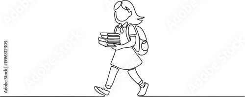 Drawing of student schoolgirl holding books and copybooks going to school wearing bag. one line art icon drawing vector