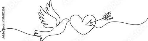 dove, heart, arrow one line vector illustration art hand draw. one line art icon drawing vector