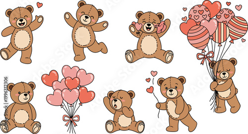 Cute cartoon teddy bears with colorful balloons and hearts in various playful poses on white background for valentine s day