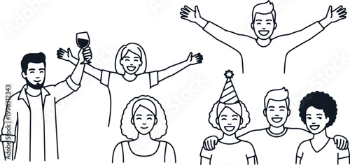 People celebrating and having fun with party hat and wine on transparent background.