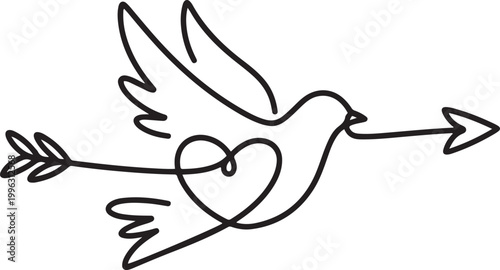 dove, heart, arrow one line vector illustration art hand draw. one line art icon drawing vector