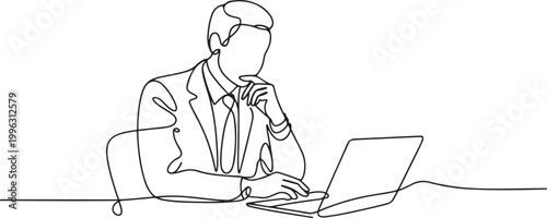 Continuous line drawing of business man sits in the office and thinks while working with his laptop on a white background. one line art icon drawing vector