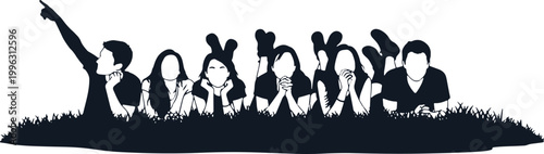 Group of friends lying down in grass, pointing upwards, silhouette style illustration.