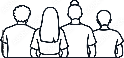 Four people seen from behind, standing together, minimalist outline illustration.