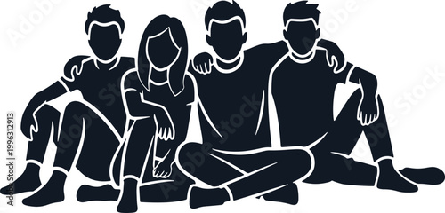 Group of four friends sitting together sharing happy moments.