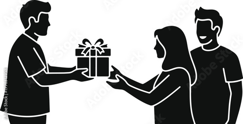 Giving a gift to a couple a man hands present box to woman and man.