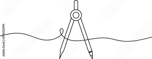 Single continuous line drawing of spring bow compass for drawing circle. Back to school minimalist style. one line art icon drawing vector