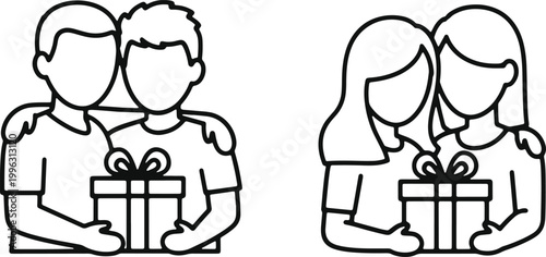 Couple giving gift icon with man and woman outlines on transparent background.