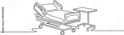 A bed and table in the intensive room. one line art icon drawing vector