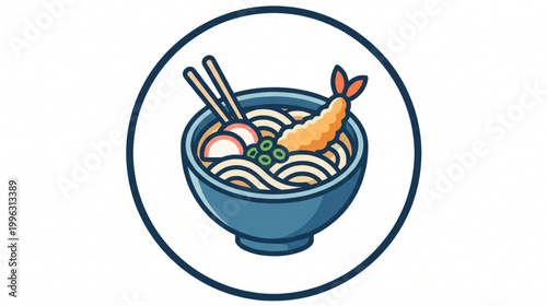 Vector illustration of a delicious Japanese udon noodle soup bowl with tempura shrimp in flat design style.