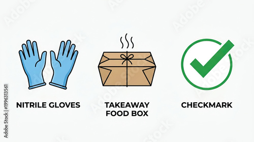 Nitrile glove icon, takeaway food box and green checkmark symbolize safe packaged food handling, hygiene and approved delivery in food service and catering environments