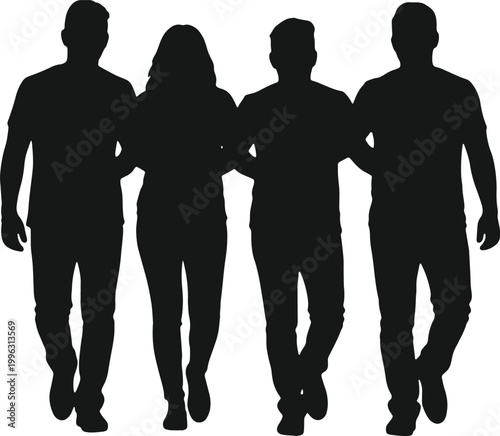 Photography Four friends walking together arm in arm outdoors, group of people